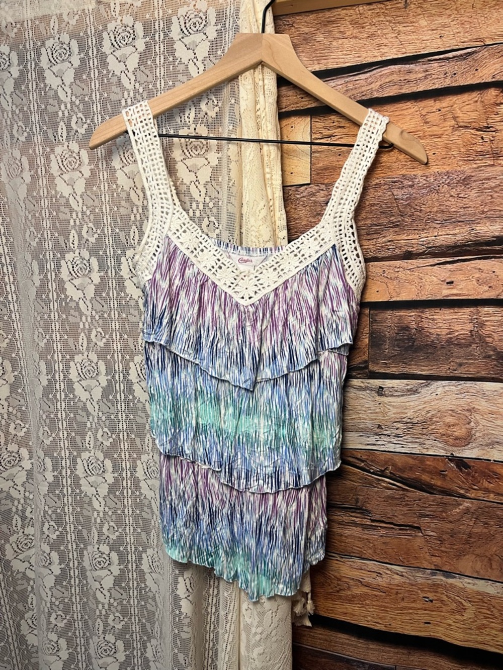 Candie's Y2K Striped Crochet-Trim Tiered Tank Top - (261) - Picture 2 of 6